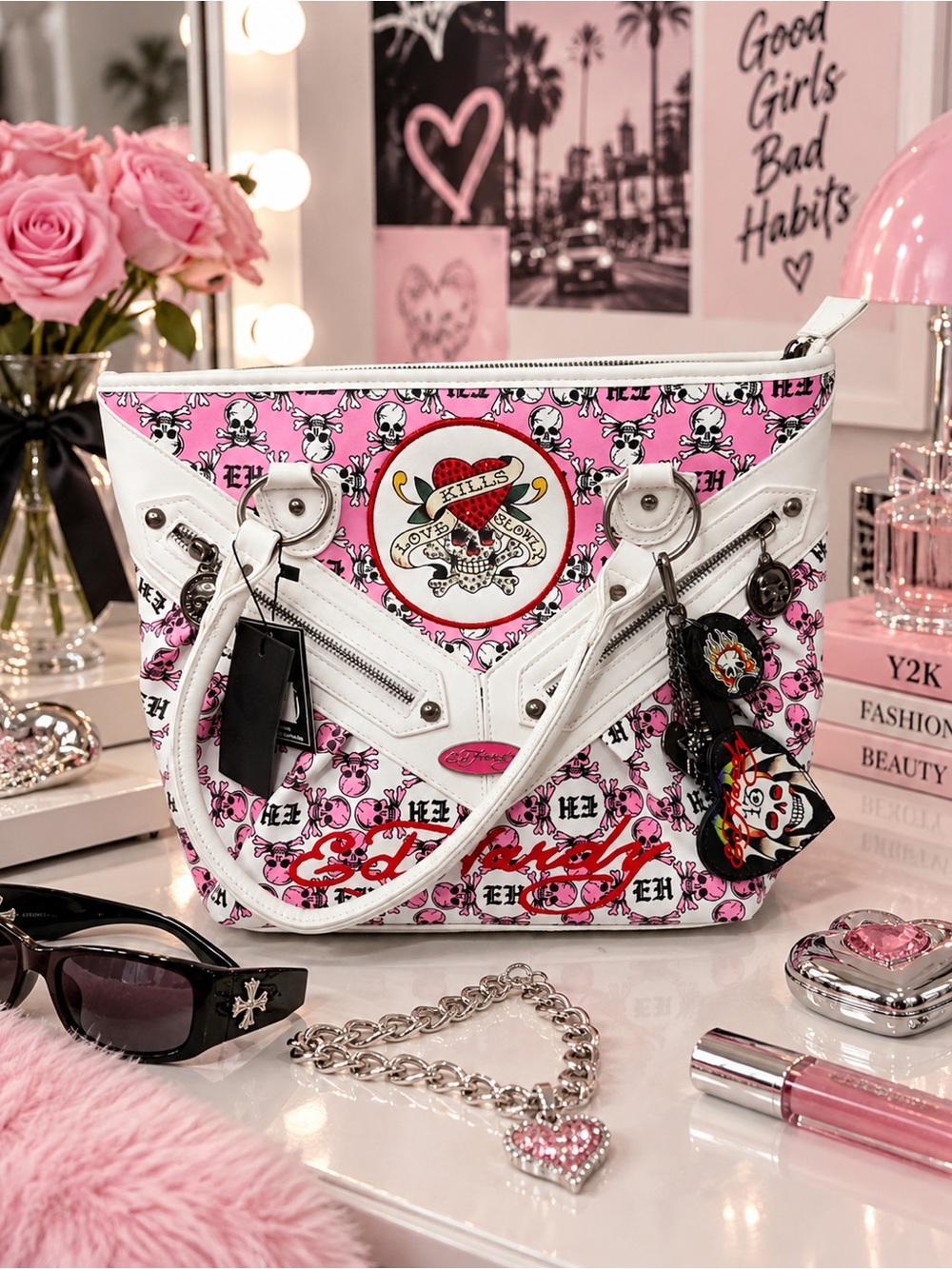 NWT Ed Hardy Love Kills Slowly Pink Skull Rhinestone Tote Purse